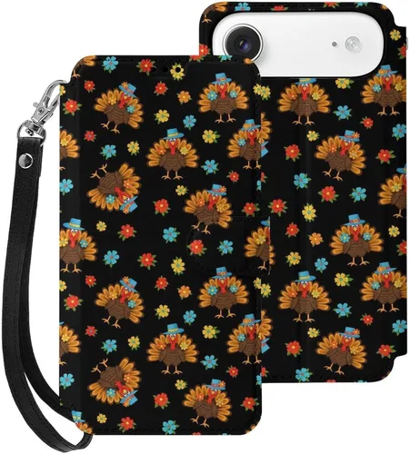Vista 25 de SWEET TANG Compatible with iPhone 17 Pro Wallet Case Women PU Leather Shockproof Protective Folio Flip Cover (Cute Thanksgiving Turkey Maple Leaf)
