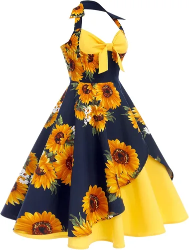 Vista 2 de Vestido de cóctel vintage de los años 50 con botones florales de los años 50, Rockabilly Audrey Hepburn, vestido de fiesta de té