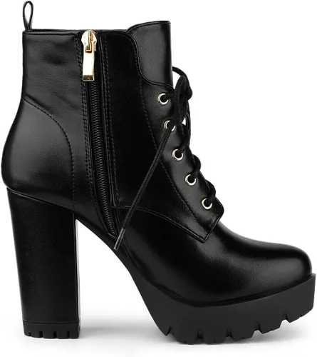 Vista 5 de Allegra K Botas de plataforma con cordones y tacón grueso con punta redonda para mujer