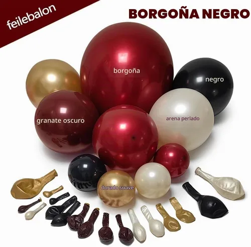 Vista 3 de Kit de arco de globos color burdeos y negro, doble relleno, color granate, rojo oscuro, perla, blanco, arena, dorado, guirnalda de globos