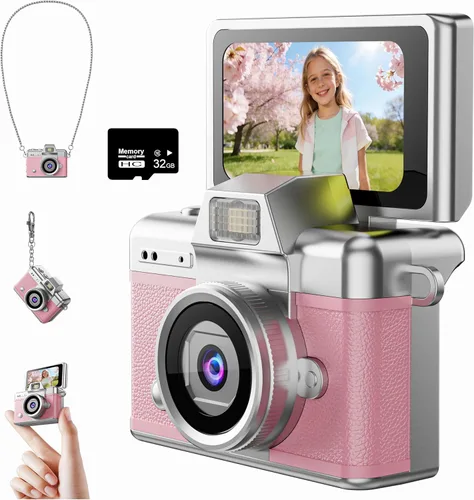 Vista 9 de Mini cámara con llavero, cámara digital 1080P con LCD de 1.47 pulgadas, tarjeta TF de 32 GB incluida, cámara retro de tamaño bolsillo para niños