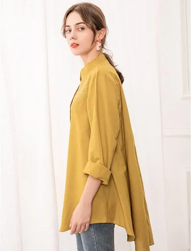Vista 8 de Minibee Camisa de lino de algodón para mujer, blusa bordada de manga larga con botones