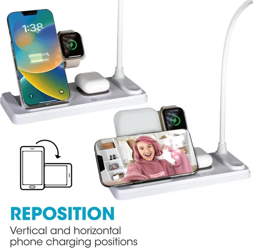 Vista 4 de OttLite Lámpara LED de escritorio con estación de carga multidispositivo, blanco