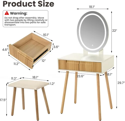 Vista 5 de Tocador pequeño con espejo y luces, tiradores de madera con taburete acolchado, 3 modos de iluminación, mesa redonda de maquillaje con rieles