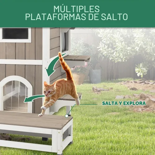 Vista 3 de Casa para gatos de varios niveles para exteriores, resistente a la intemperie con balcón, refugio de 4 puertas