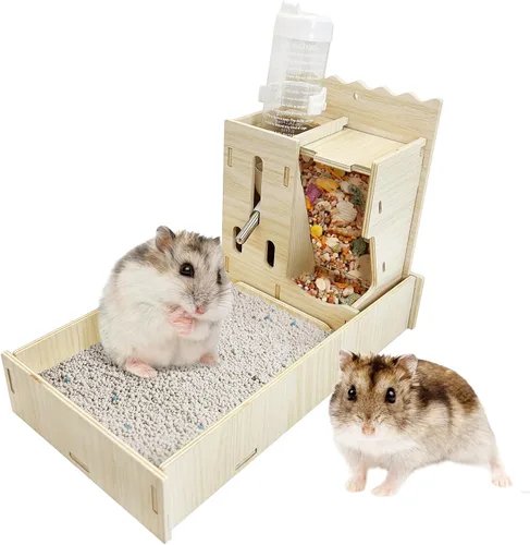 Vista 8 de Hamiledyi Escondite de conejillo de indias con alimentador de heno y botella de agua, casa de chinchilla de madera natural, castillo de conejo