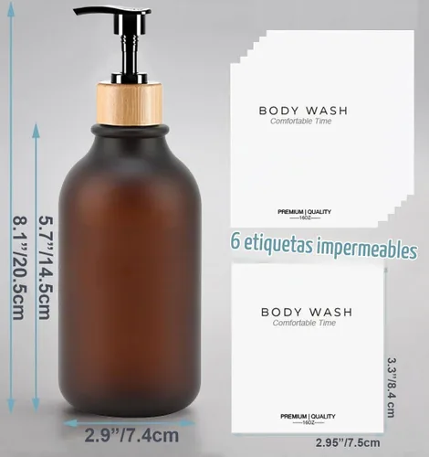 Vista 5 de Botellas de champú y acondicionador resistentes esmeriladas, dispensador de boticario, bomba de bambú, botellas de champú recargables para champú
