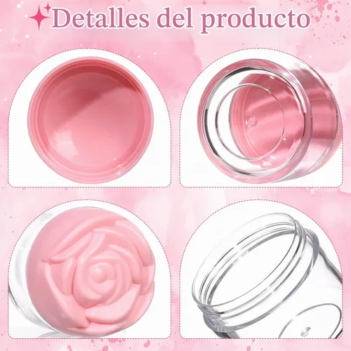 Vista 3 de Paquete de 24 frascos vacíos en forma de flor de rosa rosa, recipientes de plástico transparente a prueba de fugas para cosméticos con tapas