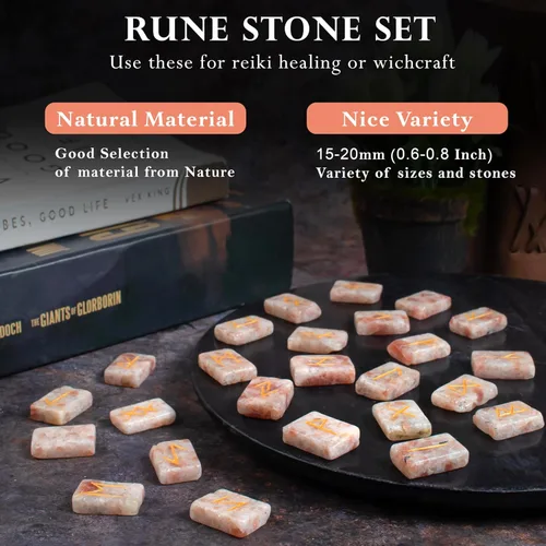 Vista 6 de Crocon Runas de piedras preciosas con forma rectangular de piedra solar con alfabeto de Futhark de élder grabado, juego de 25 runas de cristal