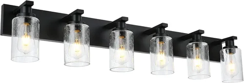 Vista 10 de Luces de tocador de baño de 3 luces sobre espejo en acabado negro, iluminación de pared de baño con vidrio cilíndrico sembrado