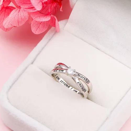 Vista 3 de DAOCHONG Anillo de Plata de Ley 925 "Soy Suficiente, Soy Digna, Soy Fuerte, Soy Amada" para Mujeres
