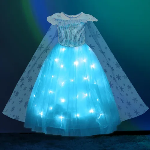 Vista 5 de Vestido de princesa, disfraz de princesa para niñas, ropa de disfraces de Halloween con capa, forro de luz LED, azul