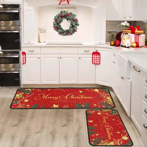 Vista 9 de Juego de 2 alfombras y tapetes de cocina navideños, decoraciones navideñas para el hogar con respaldo antideslizante, alfombra de cocina