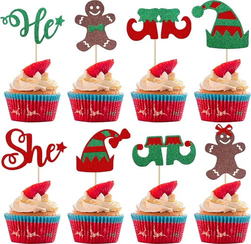 Vista 34 de Paquete de 24 Adornos Navideños Oh Baby para Cupcakes con Sombrero de Navidad con Purpurina, Palillos de Comida para Baby Shower para Niños y Niñas
