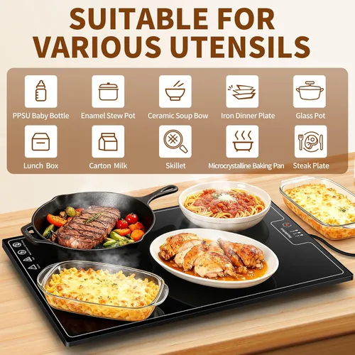 Vista 4 de Tapete de calentamiento para alimentos, L, 22 x 14 pulgadas, bandeja de calentamiento eléctrico de vidrio templado, color negro Keep Food