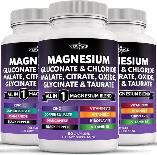Vista 7 de NEW AGE Suplemento de magnesio - Potente citrato de glicinato óxido de malato, taurato, aspartato, gluconato, orotato y cloruro de mag, manganeso