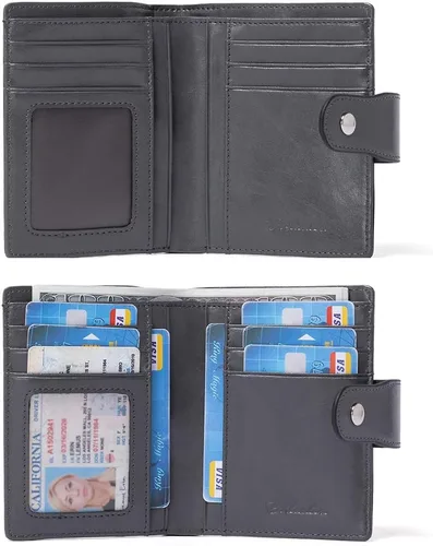 Vista 2 de BOSTANTEN - Billetera de cuero para mujer con bloqueo RFID, pequeña, con cremallera, de bolsillo, para tarjetas, con ventana para documento