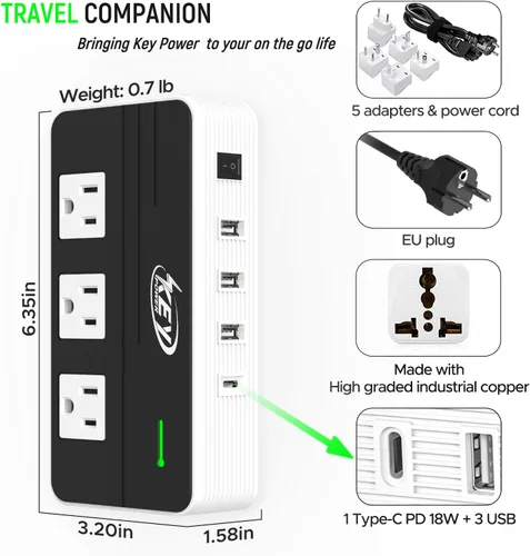Vista 7 de Key Power Convertidor de voltaje reductor de 220 V a 110 V de 230 vatios y adaptador de viaje internacional/convertidor de corriente con puerto