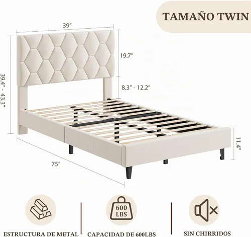 Vista 2 de GarveeHome Marco de Cama de Plataforma Tamaño Twin con Cabecera Tapizada y Soporte de Listones de Madera, Base de Colchón Tapizada/No Necesita Beige