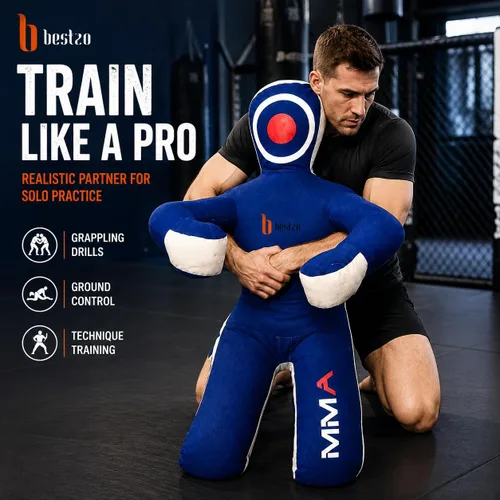 Vista 6 de Bestzo MMA Martial Arts - Saco de boxeo brasileño para Jiu Jitsu, posición sentada, manos sin llenar en la parte delantera Azul