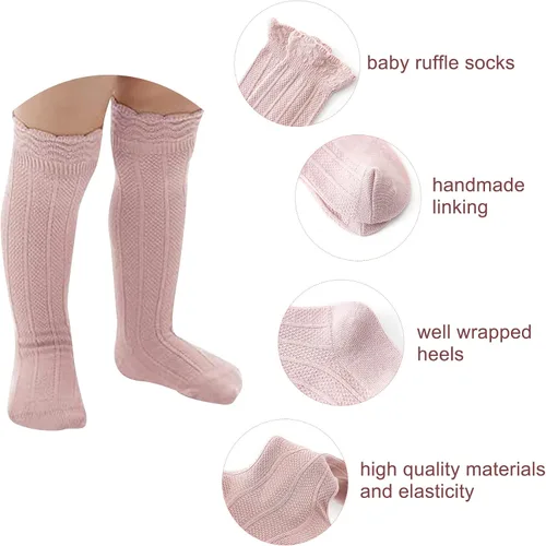 Vista 3 de Zando Calcetines altos hasta la rodilla para bebé, calcetines con volantes para niñas pequeñas, recién nacidos, calcetines de vestir largos
