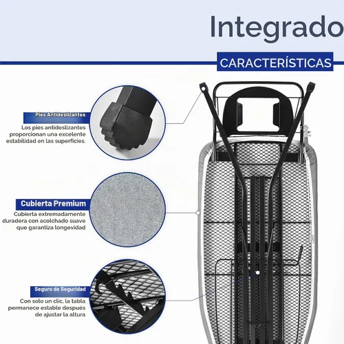Vista 4 de BKTD Tabla de planchar extra ancha: superficie grande de 48"×18" (57" con soporte para plancha) • Perchero integrado para ropa, colgador y soporte
