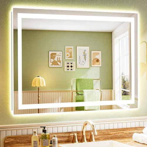 Vista 23 de Espejo de baño LED de 24x30 pulgadas con luces, espejo de tocador frontal y retroiluminado para pared de baño con 3 colores, regulable