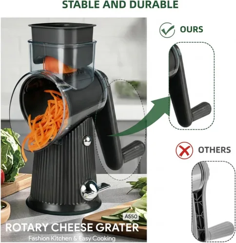 Vista 7 de Rallador rotativo de queso con asa, triturador de verduras con 5 cuchillas y base de succión fuerte, rebanador redondo y picador de alimentos