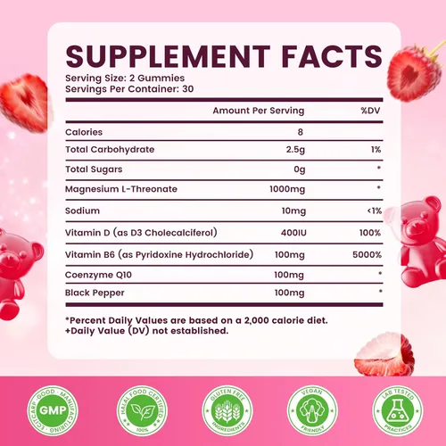 Vista 2 de Gomitas de magnesio L-treonato de 1000 mg para niños y adultos, suplemento de treonato de magnesio con vitamina D, B6 y coenzima Q10, apoyo