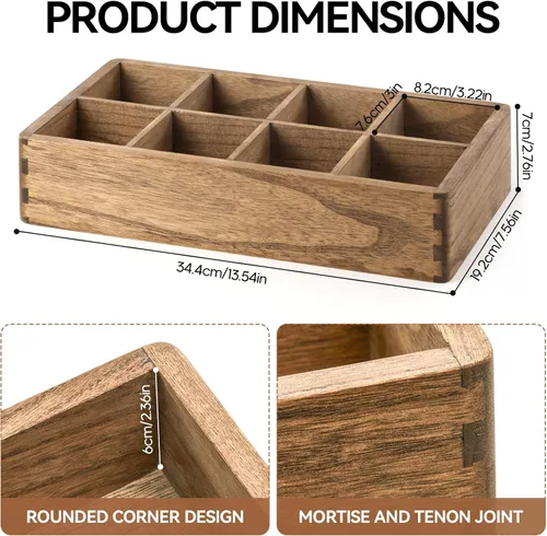 Vista 7 de KIRIGEN Organizador de bolsitas de té de madera con 8 compartimentos Caja de almacenamiento de madera que organiza bolsas de té, paquetes de azúcar