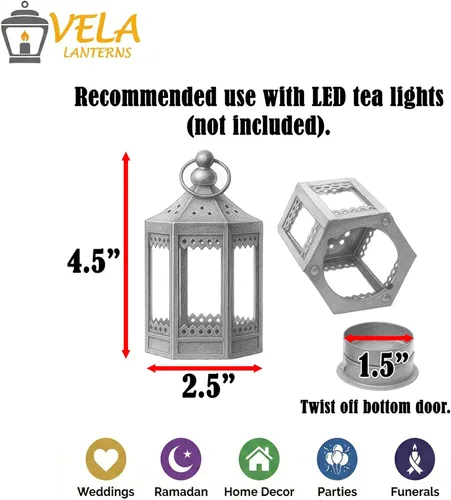 Vista 4 de Vela Lanterns - Portavelas de té, mini centros de mesa, color negro Halloween & Wedding Decor, Decorative Indoor Moroccan Metal Glass Hanging