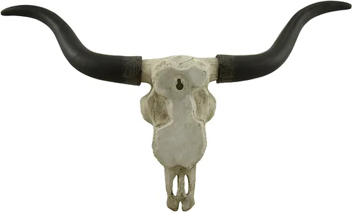 Vista 3 de Zeckos Escultura de pared de calavera de trofeo Longhorn de 20 pulgadas en negro y hueso, hecha a mano - Cabeza de buey falsa realista con detalles