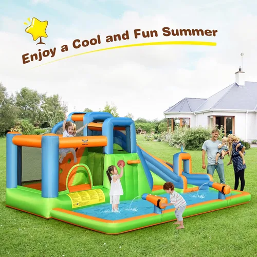 Vista 2 de HONEY JOY Tobogán acuático inflable, parque acuático gigante 7 en 1, casa de rebote para patio trasero al aire libre con soplador de 735 W, piscina