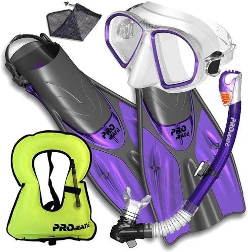 Vista 8 de Promate Juego de esnórquel, máscara de aletas de esnórquel y bolsa de equipo de snorkel seco para adultos y jóvenes, juego de esnórquel