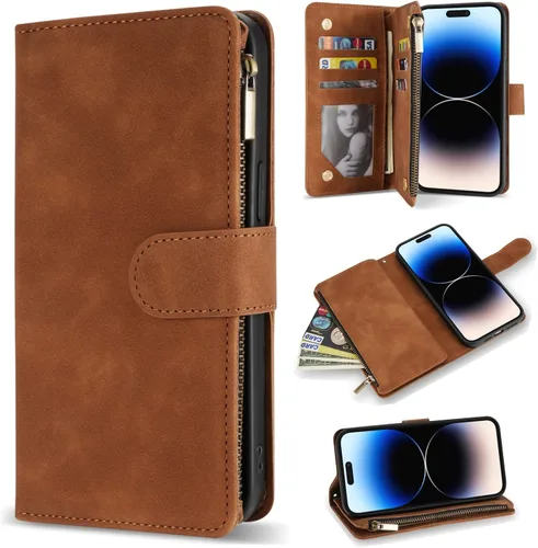 Vista 16 de ZZXX Funda tipo cartera para iPhone 14 Plus con [Bloqueo RFID] Ranura para tarjetas Cuero PU suave premium con cremallera tipo folio plegable