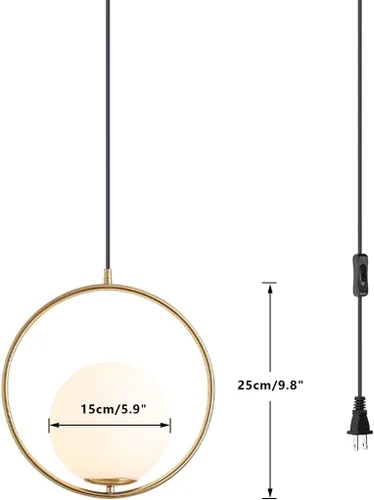 Vista 2 de BOKT Lámpara colgante moderna de globo con cable de enchufe grande de bola de vidrio blanco dorado con enchufe de latón cepillado, lámpara colgante