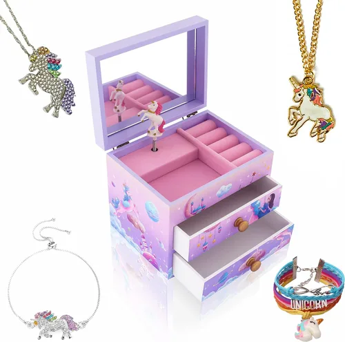 Vista 12 de Agitation Joyero Musical de Madera de Princesa Unicornio con Juego de Joyas a Juego, Regalos de Unicornio para Niñas, Grande, Madera, Plástico.