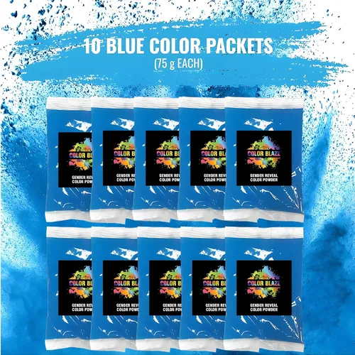 Vista 2 de Color Blaze Paquetes de polvo de color para revelación del género del bebé, 2.65 oz cada uno, 10 paquetes de polvo de color azul para niños