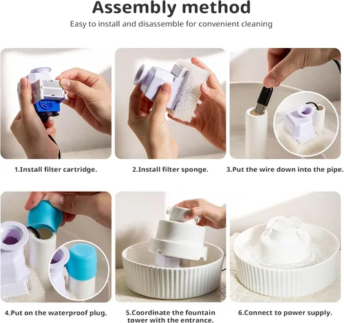Vista 5 de Fuente de agua de cerámica para gatos, fuente de agua para mascotas con 3 filtros de carbono y 2 bombas de agua, dispensador automático de agua