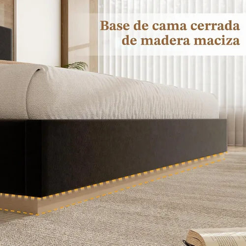 Vista 4 de Base de cama de plataforma tamaño Queen con cabecero, cama de terciopelo con listones de madera, base de colchón resistente, opción de somier, sin