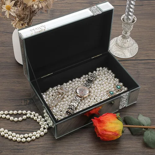 Vista 9 de Hipiwe Joyero de cristal con diamantes de imitación organizador de baratijas con espejo plateado caja decorativa de almacenamiento para mujeres
