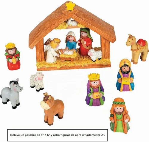 Vista 2 de Fun Express Mini Juego de Belén de Navidad con Establo con Jesús María José Reyes Magos - 9 Piezas Rojo, Azul, Verde, Beige, Marrón