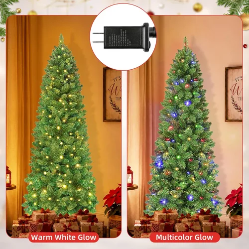 Vista 4 de Árbol de Navidad preiluminado de 6 pies, 190 LED duales, 10 modos de luz, 610 puntas, árbol de Navidad artificial delgado
