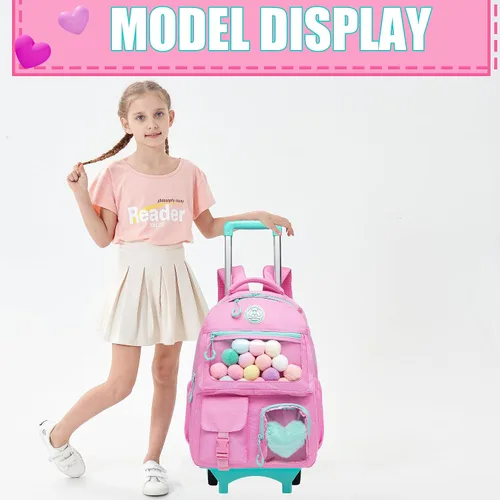 Vista 7 de Mochila con ruedas para niñas, mochila con ruedas, mochilas para primaria con lonchera y equipaje, Rosado, Estética
