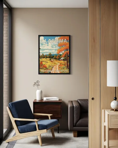 Vista 4 de Póster artístico de paisaje del estado de Alabama, decoración artística de paisaje retro de estados, pintura de montaña y paisaje de aventura
