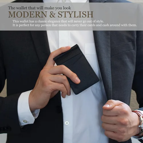 Vista 3 de Billetera plegable súper delgada, de piel auténtica, minimalista, con bolsillo frontal, para hombre, con clip para dinero, bloqueo RFID, Negro