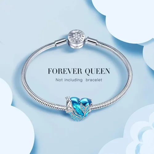Vista 2 de FOREVER QUEEN Dijes de sirena para pulsera de plata de ley 925, abalorios de circonita cúbica en forma de corazón, cuentas esmaltadas azules
