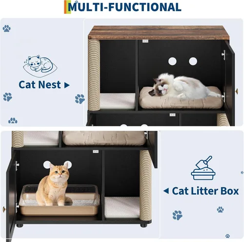Vista 8 de CABIHOME Caja de arena doble para gatos con poste rascador, armario oculto 2 en 1 con tapete de arena, caja de arena grande para 2 gatos, color negro