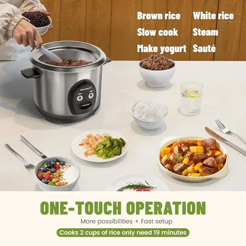 Vista 4 de Arrocera de 3 Tazas de Arroz Crudo Pequeña, Olla Interior de Acero Inoxidable No Tóxica, Multifunción de Un Toque para Arroz/Salteado/Yogur, Apta