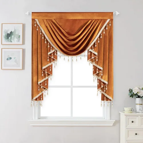 Vista 65 de VOGOL Cenefa de cortinas de terciopelo grueso para dormitorio, cenefas de cascada de lujo con aislamiento térmico dorado para sala de estar formal
